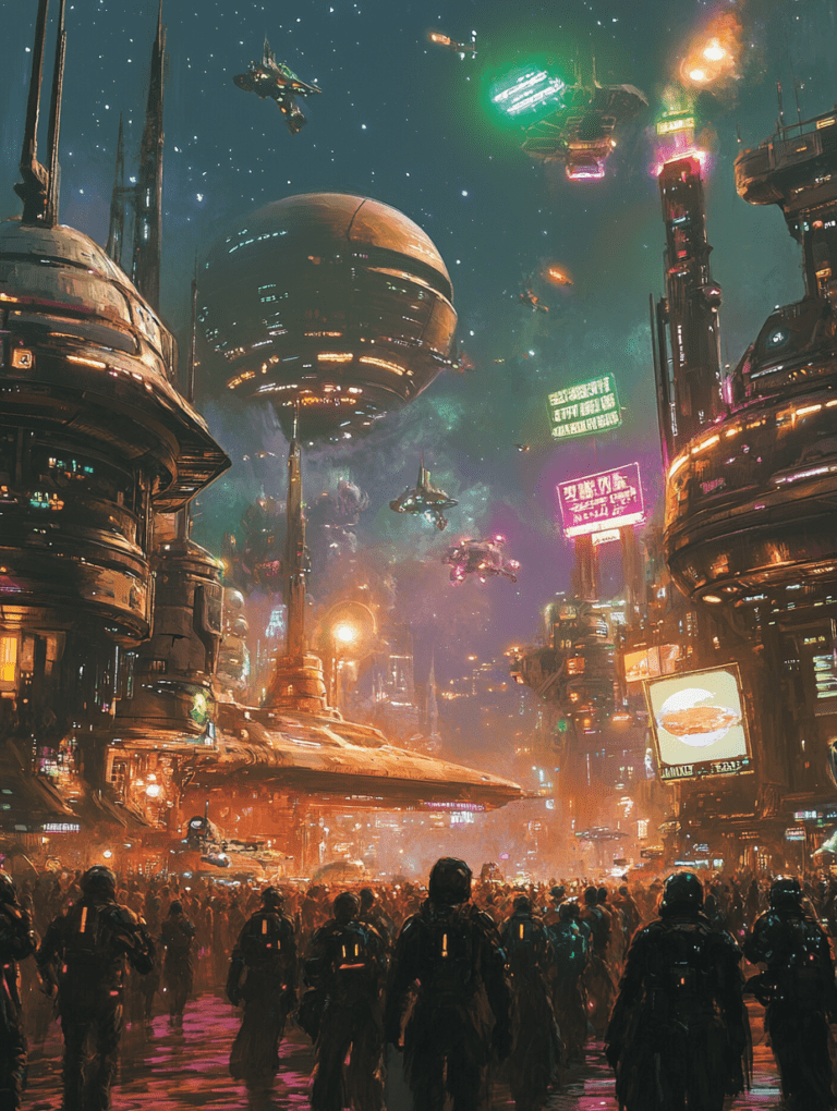 Vibrant Galactic Metropolis Buzzing with Futuristic Spaceships Amidst Neon Lights and Towering Structures Under a Starry Sky SCI FI DIGITAL PAINTING 18 x 24 Inch MineeForm Wall Art Poster