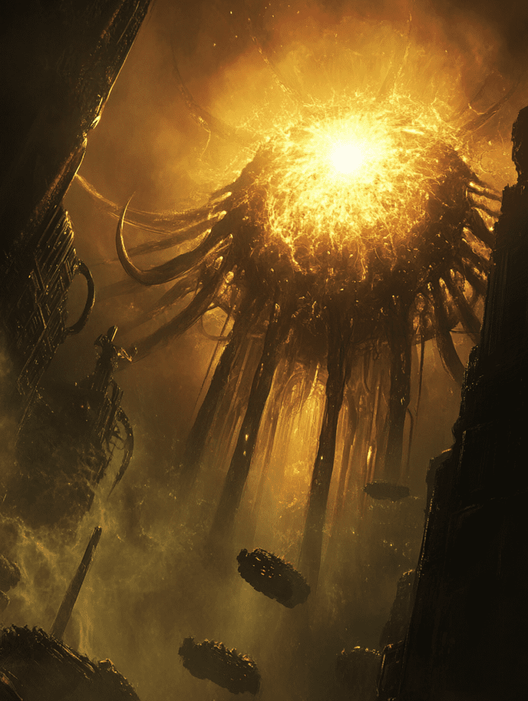 Colossal Luminous Entity Looming Over Dark Metallic Cityscape with Suspended Structures and Glowing Tentacles SCI FI DIGITAL PAINTING 18 x 24 Inch MineeForm Wall Art Poster