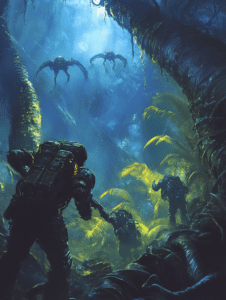 Alien Jungle Expedition with Explorers in High Tech Suits Encountering Floating Creatures Amidst Giant Vines and Lush Foliage in Ethereal Blue Light SCI FI DIGITAL PAINTING 18 x 24 Inch MineeForm Wall Art Poster