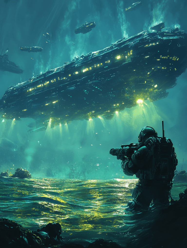 Galactic Armada's Arrival Over a Luminescent Ocean with Soldier in Foreground Amidst Enigmatic Waters and Majestic Starships in the Skies SCI FI DIGITAL PAINTING 18 x 24 Inch MineeForm Wall Art Poster