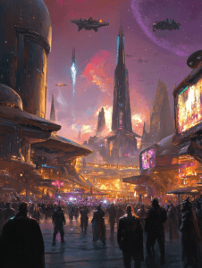 Vibrant Futuristic Metropolis with Towering Skyscrapers and Hovering Spaceships at Twilight with Neon Lights and Crowded Streets SCI FI DIGITAL PAINTING 18 x 24 Inch MineeForm Wall Art Poster