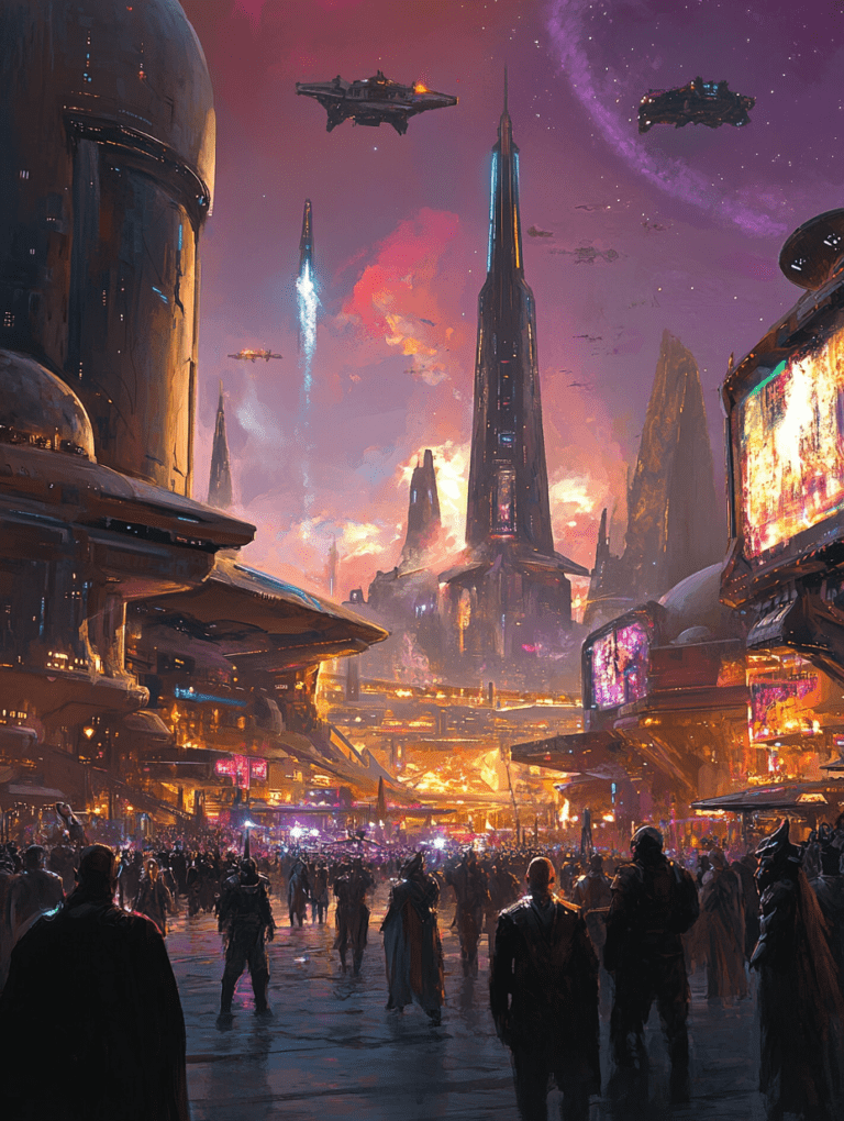 Vibrant Futuristic Metropolis with Towering Skyscrapers and Hovering Spaceships at Twilight with Neon Lights and Crowded Streets SCI FI DIGITAL PAINTING 18 x 24 Inch MineeForm Wall Art Poster