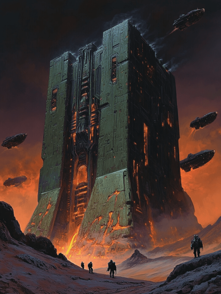 Colossal Monolith Towering Amidst a Fiery Alien Landscape with Hovering Ships and Silhouetted Explorers in Futuristic Suits SCI FI DIGITAL PAINTING 18 x 24 Inch MineeForm Wall Art Poster