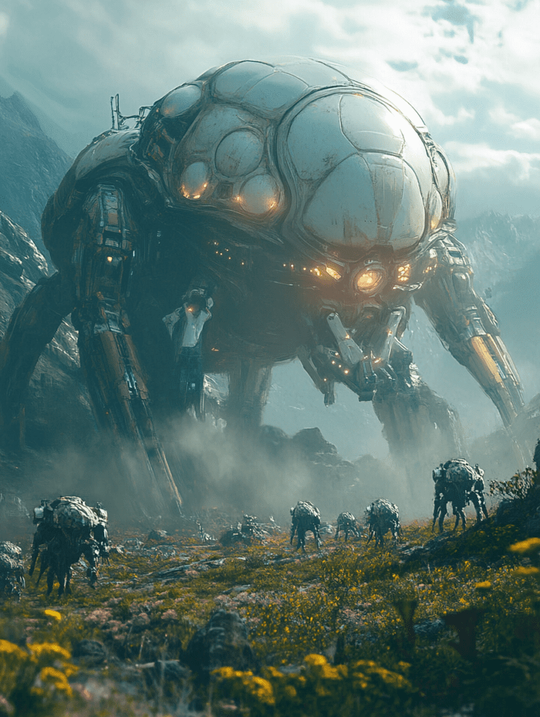 Gigantic Mechanical Colossus Crossing Flowered Valley with Distant Mystical Peaks and Gathering Robotic Companions Under Cloudy Skies SCI FI DIGITAL PAINTING 18 x 24 Inch MineeForm Wall Art Poster