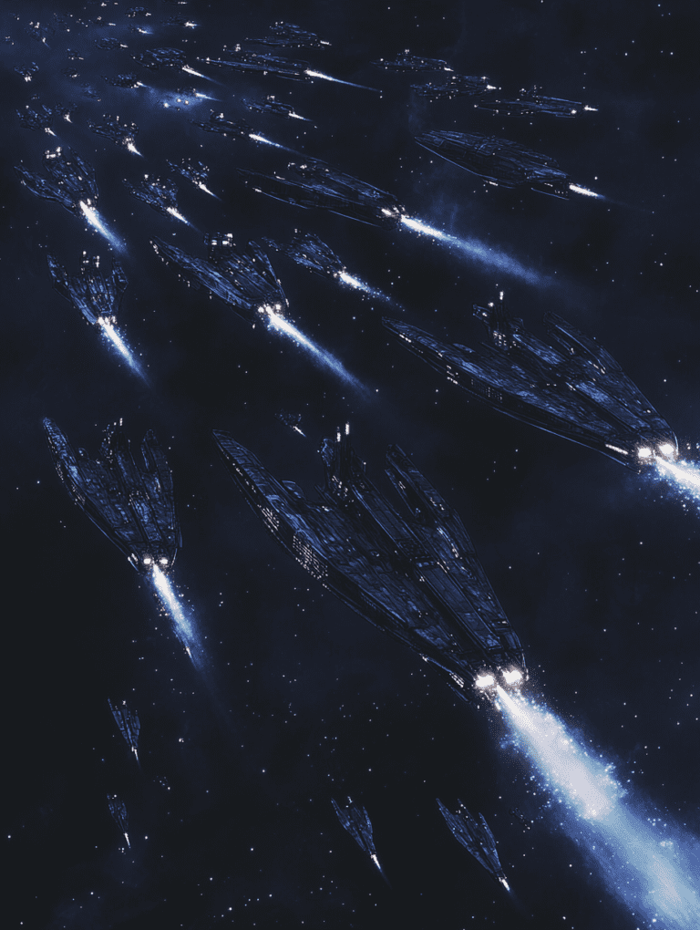 Vast Armada of Sleek Starships Traveling through the Cosmic Expanse with Bright Energy Trails Illuminating the Depths of Space SCI FI DIGITAL PAINTING 18 x 24 Inch MineeForm Wall Art Poster