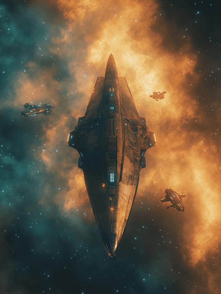 Majestic Starship Fleet Navigating a Luminous Cosmic Nebula with Brilliant Orange and Blue Hues SCI FI DIGITAL PAINTING 18 x 24 Inch MineeForm Wall Art Poster