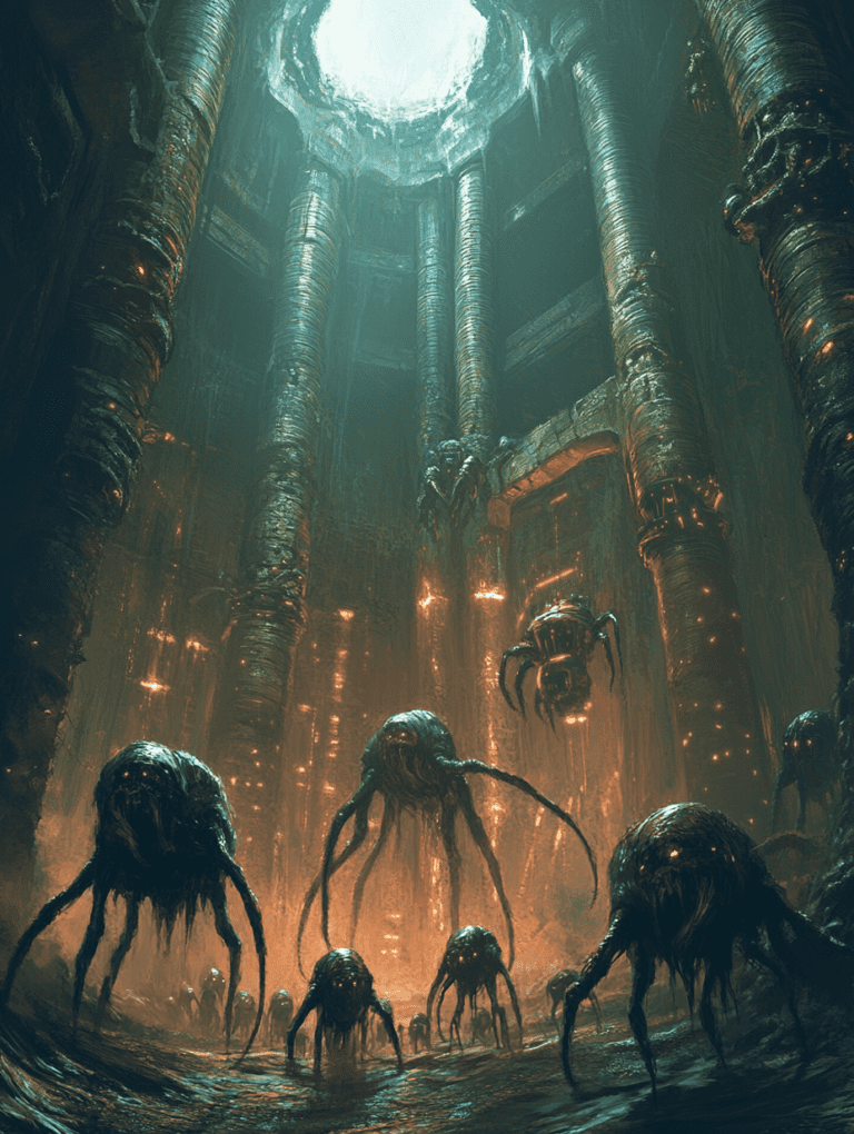 Alien Creatures Emerge in a Vast Underground Chamber Illuminated by Mysterious Glow with Towering Pillars and a Bright Opening Above SCI FI DIGITAL PAINTING 18 x 24 Inch MineeForm Wall Art Poster