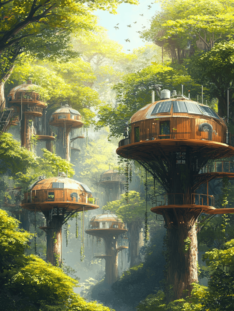 Futuristic Treehouse Community in Sunlit Lush Forest with Solar Panels and Abundant Foliage Overlooking Expansive Greenery and Bright Blue Skies SolarPunk Digital Painting 18 X 24 Inch MineeForm Wall Art Poster