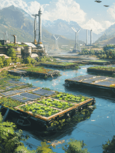 Futuristic Floating Solar Gardens and Wind Turbines in Lush Mountainous Landscape with Advanced Architecture and Drones in a Clear Sky SolarPunk Digital Painting 18 X 24 Inch MineeForm Wall Art Poster