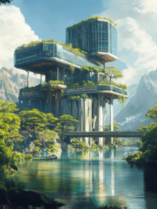 Futuristic Green Urban Sanctuary with Floating Glass Structures and Lush Vegetation Overlooking a Serene River Landscape with Towering Mountains and Vast Clouds in the Background SolarPunk Digital Painting 18 X 24 Inch MineeForm Wall Art Poster