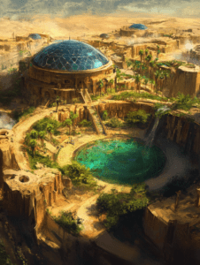 Futuristic Desert Oasis with Solar Domes and Lush Greenery Surrounded by Sandy Cliffs and Tranquil Lagoon SolarPunk Digital Painting 18 X 24 Inch MineeForm Wall Art Poster