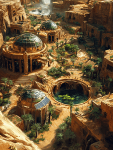 Lush Oasis City with Glass Domes and Solar Panels Nestled in Rocky Desert Canyon SolarPunk Digital Painting 18 X 24 Inch MineeForm Wall Art Poster