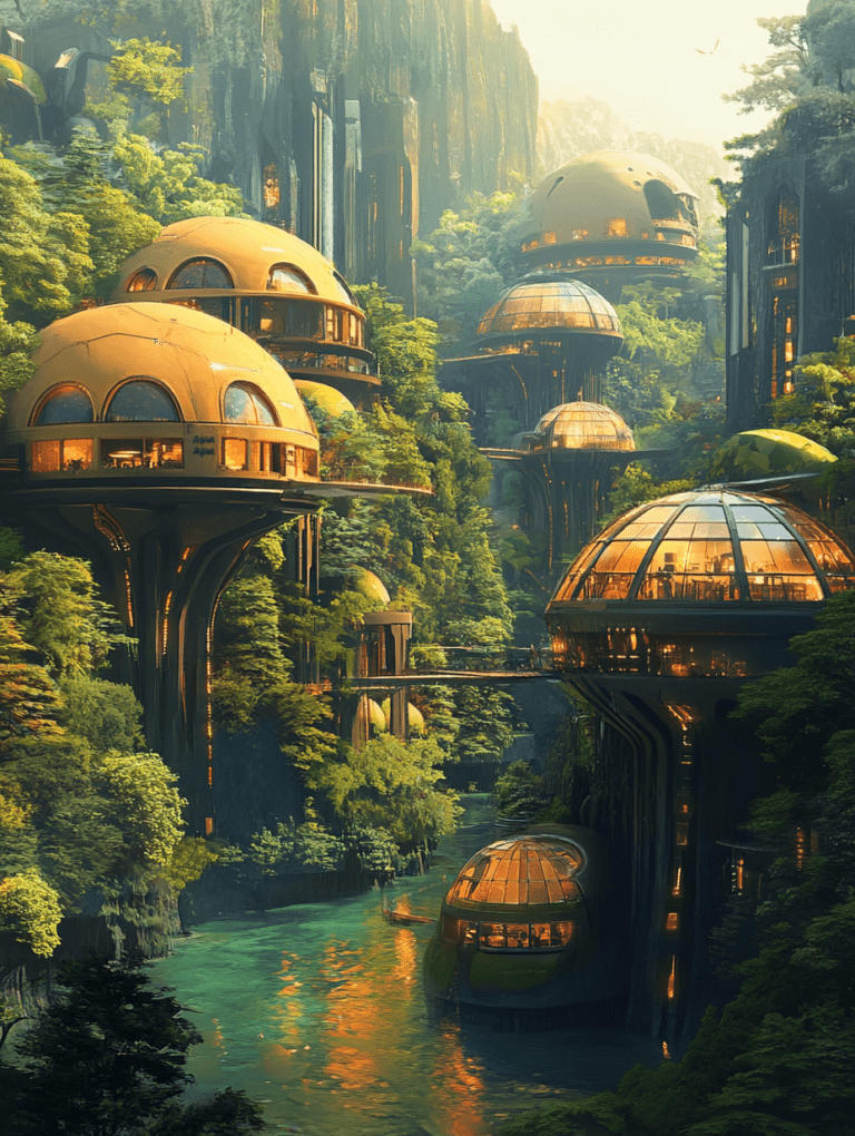 Futuristic Domed Structures Nestled Among Verdant Cliffs Beside a Serene Emerald River with Warm Glowing Interiors and Luxurious Greenery SolarPunk Digital Painting 18 X 24 Inch MineeForm Wall Art Poster