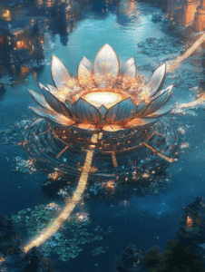 Glowing Lotus Pavilion on a Serene Waterway Amidst an Illuminated Cityscape with Radiant Atmosphere and Ornate Architecture SolarPunk Digital Painting 18 X 24 Inch MineeForm Wall Art Poster