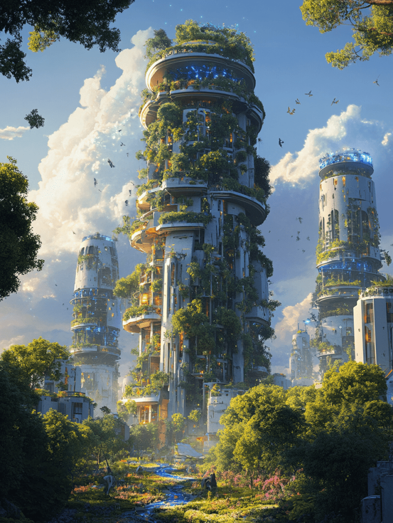 Vertical Eco-Metropolis Touched by Nature with Towering Skyscrapers Enveloped in Lush Greenery Surrounded by Blooming Gardens and Sparkling Stream Under a Majestic Cloud-Filled Sky SolarPunk Digital Painting 18 X 24 Inch MineeForm Wall Art Poster