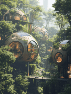 Spherical Eco Homes Nestled Among Verdant Tree Canopy with Sunlit Pathways and Lush Foliage SolarPunk Digital Painting 18 X 24 Inch MineeForm Wall Art Poster