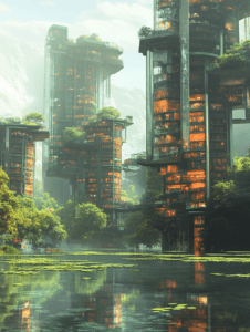 Futuristic Vertical Cities Rising Amidst Lush Greenery by Tranquil Lake with Towering Glass Structures and Verdant Rooftop Gardens Reflecting in Clear Waters SolarPunk Digital Painting 18 X 24 Inch MineeForm Wall Art Poster