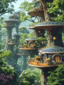 Elevated Treehouse Community with Solar-Paneled Homes and Lush Greenery in Tranquil Forest Setting SolarPunk Digital Painting 18 X 24 Inch MineeForm Wall Art Poster