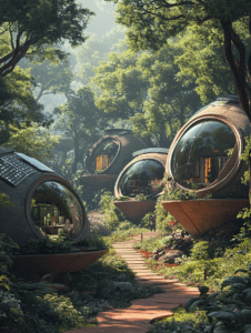 Futuristic Eco Pods Nestled in a Sunlit Forest Pathway with Lush Foliage and Abundant Greenery SolarPunk Digital Painting 18 X 24 Inch MineeForm Wall Art Poster