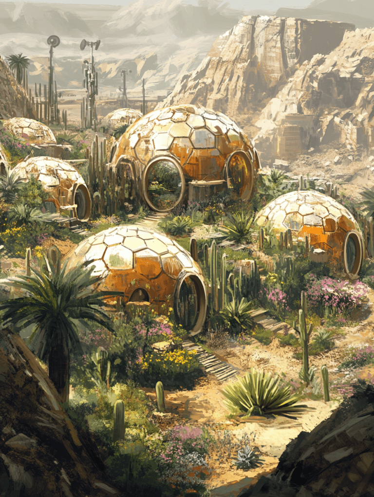 Solar-Powered Geodesic Domes Amidst a Vibrant Desert Oasis with Lush Vegetation and Towering Cacti Under Majestic Rocky Cliffs SolarPunk Digital Painting 18 X 24 Inch MineeForm Wall Art Poster