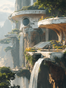 Futuristic Cliffside Dwellings with Cascading Waterfalls and Lush Greenery Under a Bright Sky SolarPunk Digital Painting 18 X 24 Inch MineeForm Wall Art Poster