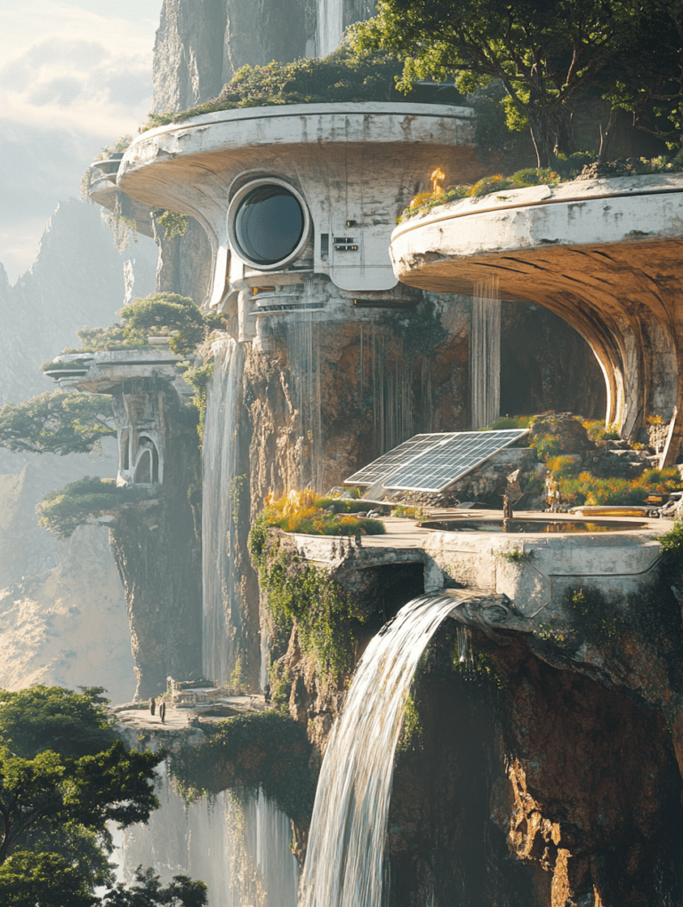 Futuristic Cliffside Dwellings with Cascading Waterfalls and Lush Greenery Under a Bright Sky SolarPunk Digital Painting 18 X 24 Inch MineeForm Wall Art Poster