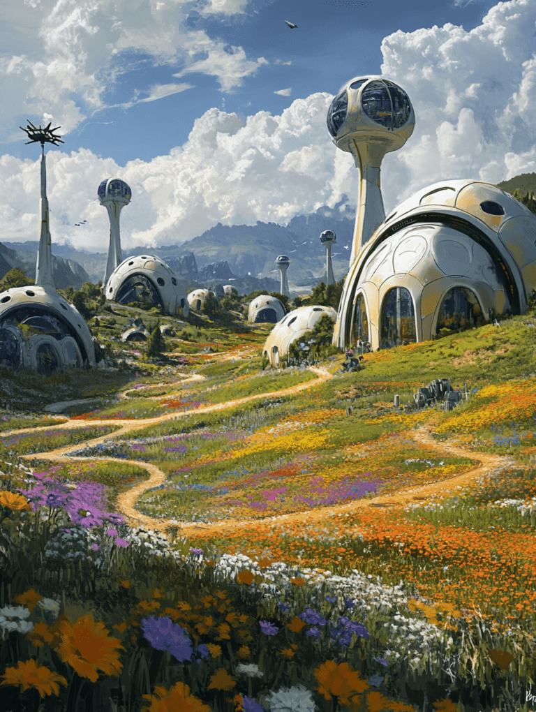 Futuristic Eco-Domes and Towers Amidst Lush Flowering Meadows and Rolling Hills Under a Vivid Blue Sky with Dramatic Clouds SolarPunk Digital Painting 18 X 24 Inch MineeForm Wall Art Poster