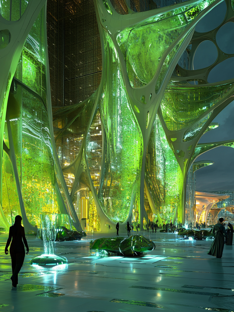 Luminous Green Architecture with Futuristic Organic Structures and People in a Vibrant Urban Plaza SolarPunk Digital Painting 18 X 24 Inch MineeForm Wall Art Poster