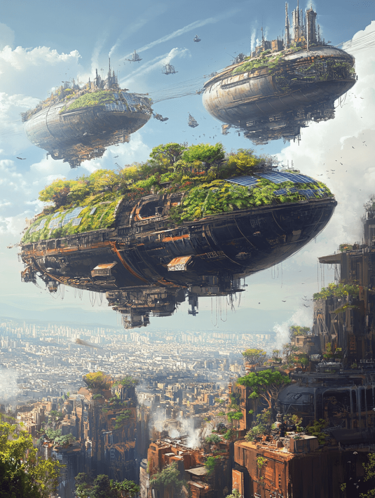 Floating Cities Above an Expansive Urban Landscape with Verdant Vegetation and Solar Panels Covering Airships Under a Clear Blue Sky Dotted with Distant Flying Vessels SolarPunk Digital Painting 18 X 24 Inch MineeForm Wall Art Poster