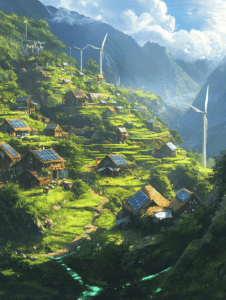 Idyllic Green Hillside Community with Rustic Solar-Paneled Cottages and Tall Wind Turbines against Majestic Mountain Range and Bright Blue Sky SolarPunk Digital Painting 18 X 24 Inch MineeForm Wall Art Poster