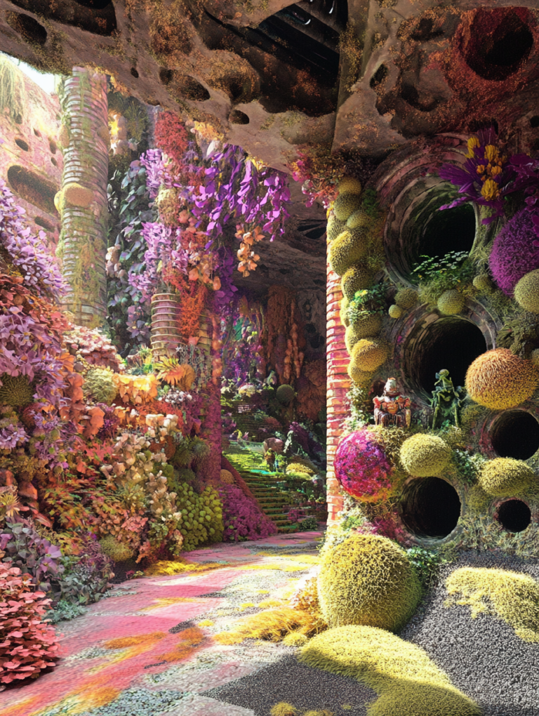 Luxuriant Underground Garden in Vivid Hues with Abundant Foliage and Lush Moss-Laden Brick Structures Revealing a Hidden Staircase Illuminated by Dappled Sunlight SolarPunk Digital Painting 18 X 24 Inch MineeForm Wall Art Poster