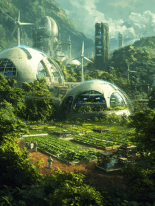 Futuristic Eco Village with Domed Greenhouses Lush Terraced Fields and Towering Wind Turbines Set Against Verdant Mountainous Backdrop Under a Cloud Strewn Sky SolarPunk Digital Painting 18 X 24 Inch MineeForm Wall Art Poster