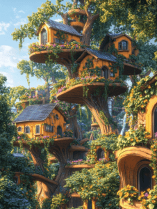 Whimsical Treehouse Village Amidst Lush Foliage Featuring Vibrant Colors and Seamless Integration with Nature SolarPunk Digital Painting 18 X 24 Inch MineeForm Wall Art Poster