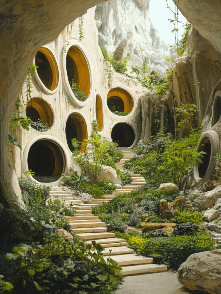 Verdant Pathway Through a Cascading Cliffside Dwelling with Circular Openings Emanating Warm Glows Nestled in Lush Greenery SolarPunk Digital Painting 18 X 24 Inch MineeForm Wall Art Poster