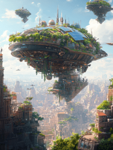 Floating Eco Cities Adorned with Solar Panels and Lush Greenery Hovering Above a Futuristic Urban Landscape Under a Clear Blue Sky SolarPunk Digital Painting 18 X 24 Inch MineeForm Wall Art Poster