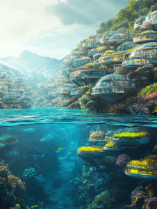 Harmonious Cliffside Eco-Community with Dome Structures and Lush Greenery Extending Underwater in Vibrant Marine Habitat SolarPunk Digital Painting 18 X 24 Inch MineeForm Wall Art Poster