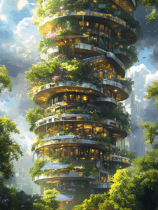 Skyscraper Enveloped in Lush Greenery and Vibrant Floral Arrangements with Illuminated Interiors Amidst a Backdrop of Majestic Clouds and Clear Blue Sky SolarPunk Digital Painting 18 X 24 Inch MineeForm Wall Art Poster