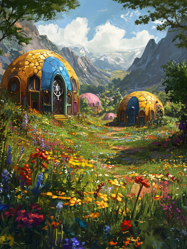 Idyllic Mountain Valley with Colorful Dome Homes and Vibrant Wildflower Meadow Under a Clear Blue Sky SolarPunk Digital Painting 18 X 24 Inch MineeForm Wall Art Poster