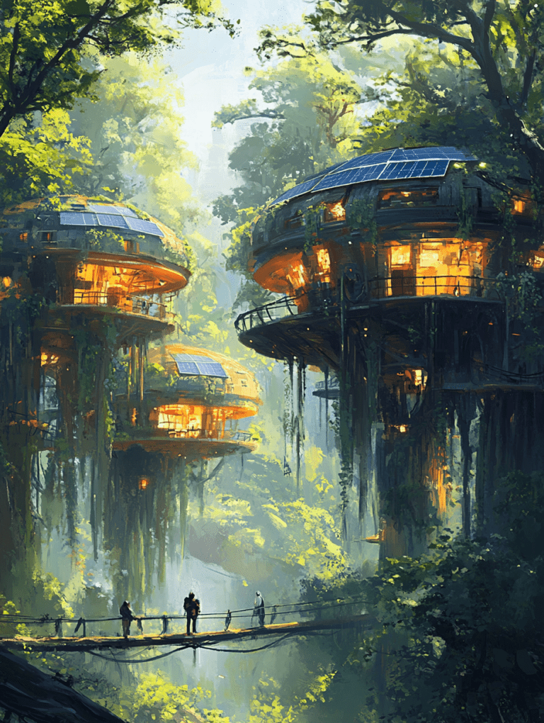 Futuristic Treehouse Community With Solar Panels Amidst Lush Green Forest Connected By Rustic Wooden Bridge At Dawn SolarPunk Digital Painting 18 X 24 Inch MineeForm Wall Art Poster