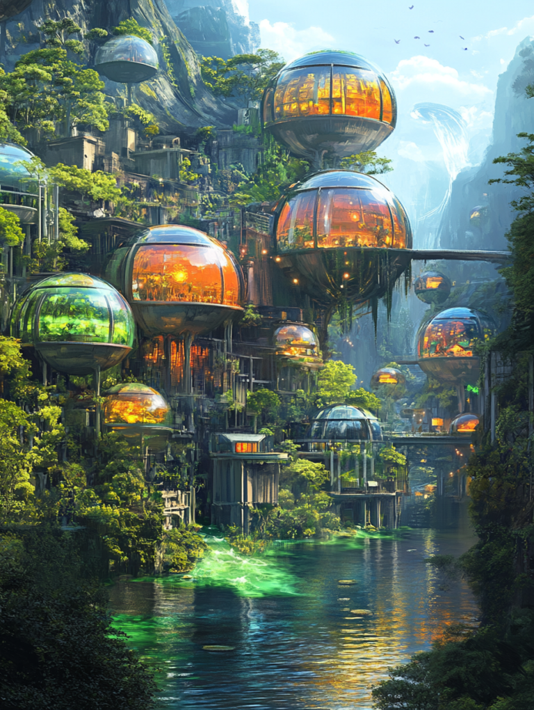 Futuristic Eco Domes Nestled Within Lush Mountain Gorge Overlooking a Tranquil Emerald River with Cascading Vegetation and Illuminated Pathways SolarPunk Digital Painting 18 X 24 Inch MineeForm Wall Art Poster