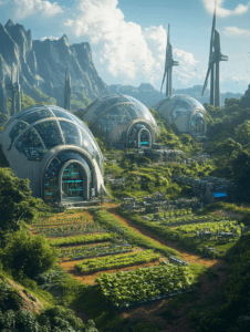 Futuristic Dome Structures with Lush Green Terraced Farms and Wind Turbines Set Against a Backdrop of Majestic Mountain Peaks Under a Clear Blue Sky SolarPunk Digital Painting 18 X 24 Inch MineeForm Wall Art Poster