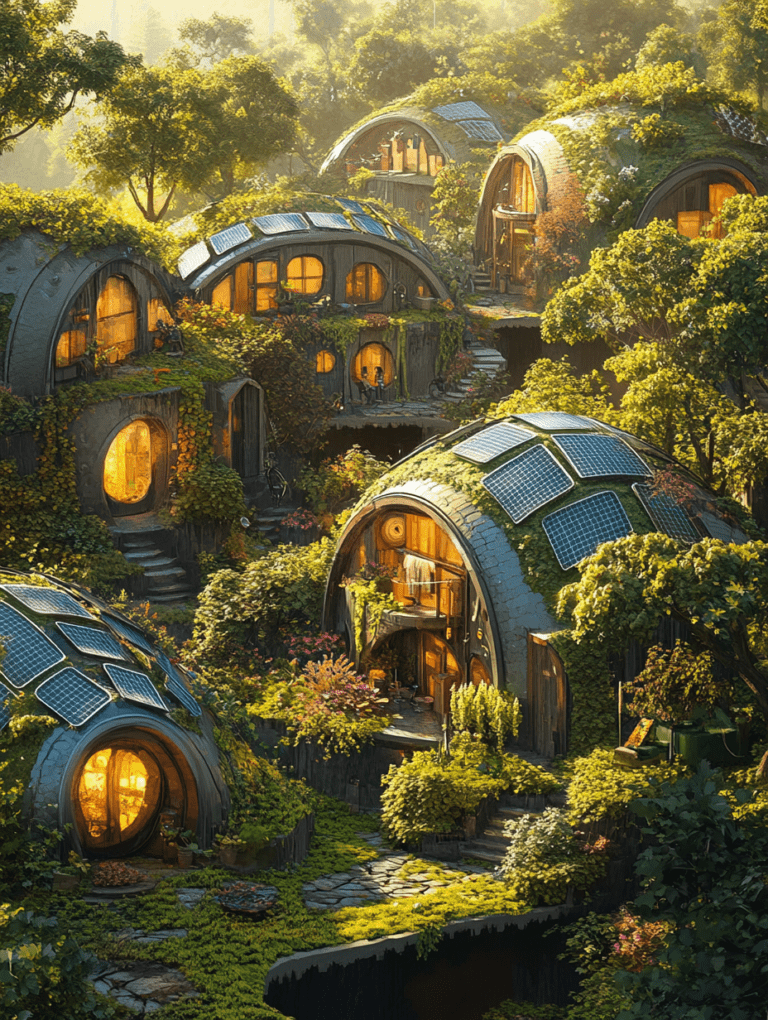 Enchanted Forest Settlement with Dome-Shaped Eco-Homes and Lush Greenery Bathed in Golden Sunlight SolarPunk Digital Painting 18 X 24 Inch MineeForm Wall Art Poster