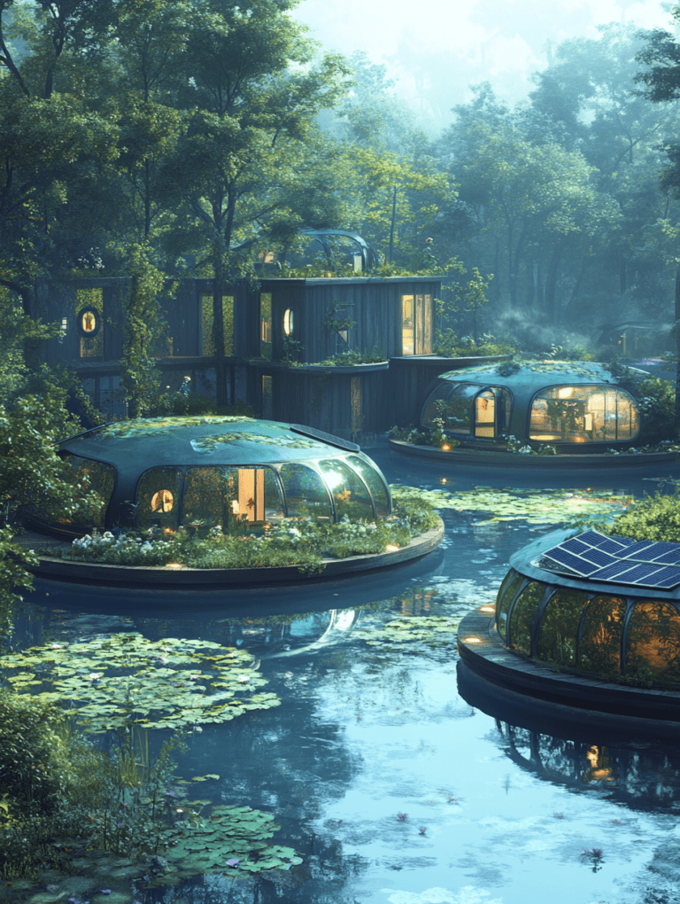 Floating Biodome Residences Harmoniously Nestled Amongst Lush Forest Trees Reflecting on a Tranquil Pond with Lilypads and Solar Panels SolarPunk Digital Painting 18 X 24 Inch MineeForm Wall Art Poster