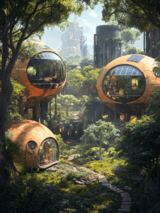 Futuristic Spherical Homes Nestled in a Verdant Forest with Towering Structures and Lush Greenery Filling the Scene SolarPunk Digital Painting 18 X 24 Inch MineeForm Wall Art Poster