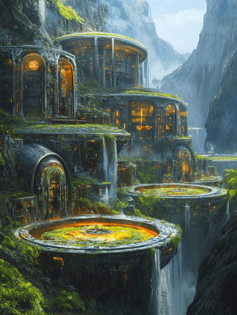 Futuristic Cliffside Community with Lush Moss and Glowing Structures Amidst Waterfalls and Misty Mountains SolarPunk Digital Painting 18 X 24 Inch MineeForm Wall Art Poster