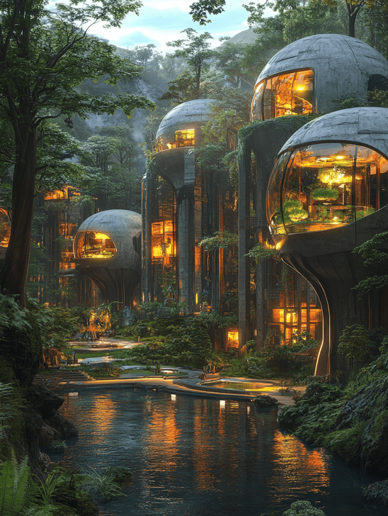 Futuristic Eco-Village with Glowing Dome Structures Amidst a Lush Forest by a Serene Reflective River SolarPunk Digital Painting 18 X 24 Inch MineeForm Wall Art Poster