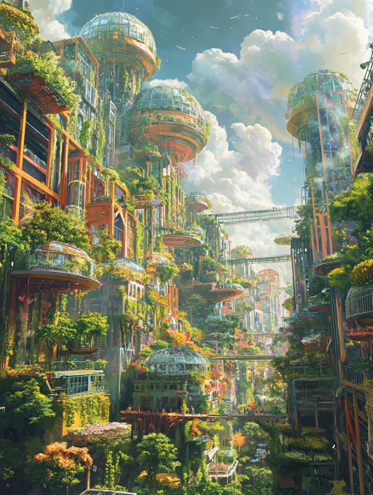 Lush Vertical Urban Paradise with Glass Domes and Skywalks Amidst Towering Greenery under Fluffy Clouded Sky SolarPunk Digital Painting 18 X 24 Inch MineeForm Wall Art Poster