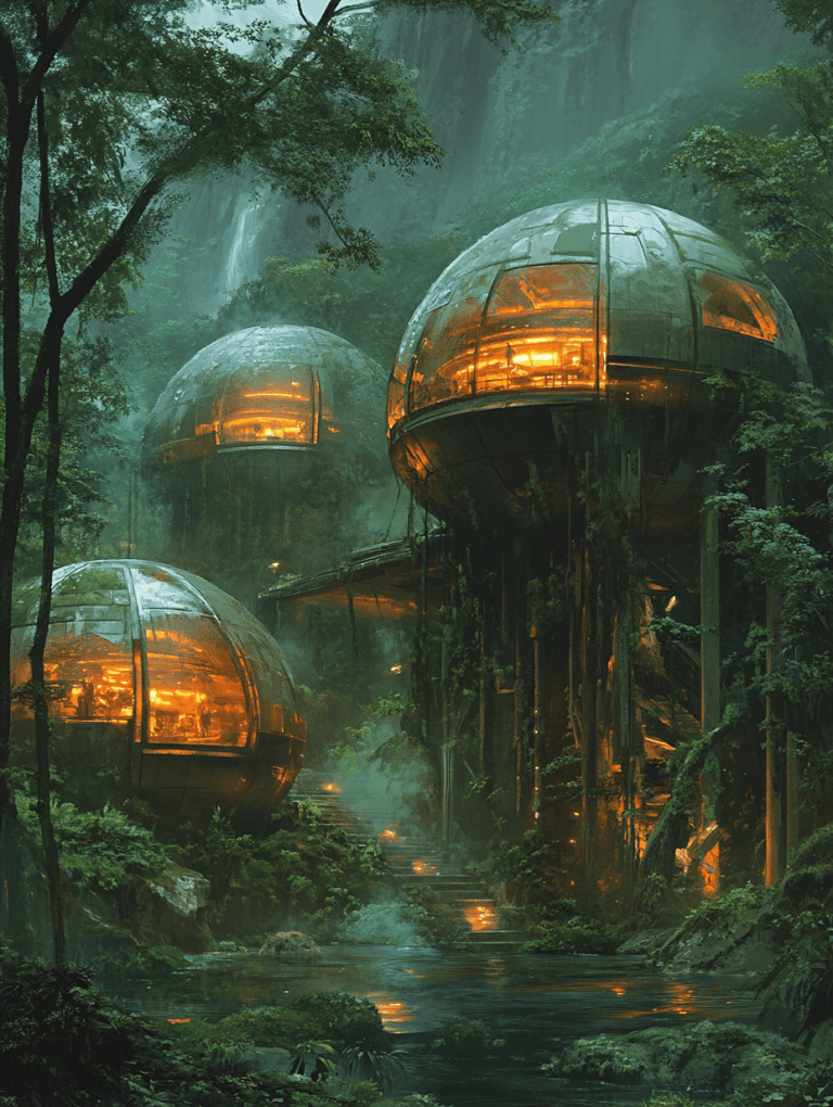 Luminous Spherical Dwellings Amidst Verdant Forest Scenery With Cascading Waterfalls and Reflections in Tranquil Pools SolarPunk Digital Painting 18 X 24 Inch MineeForm Wall Art Poster