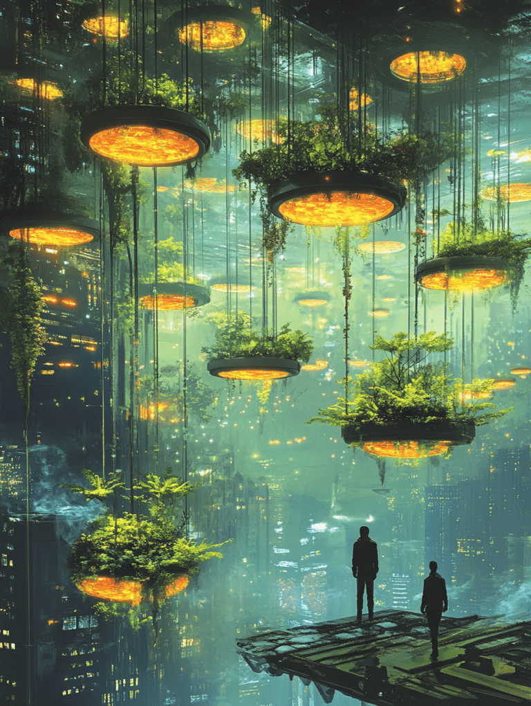 Awe-Inspiring Vision of Suspended Gardens Illuminating a Futuristic Cityscape with Two Silhouetted Figures Standing on a Jutting Platform Overlooking the Lush Greenery and Glowing Structures SolarPunk Digital Painting 18 X 24 Inch MineeForm Wall Art Poster