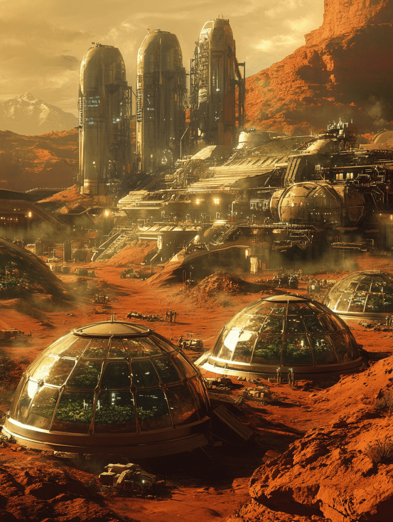 Futuristic Human Settlement on Mars with Domed Greenhouses and Towering Structures Beneath Rugged Red Cliffs and Golden Sky SolarPunk Digital Painting 18 X 24 Inch MineeForm Wall Art Poster